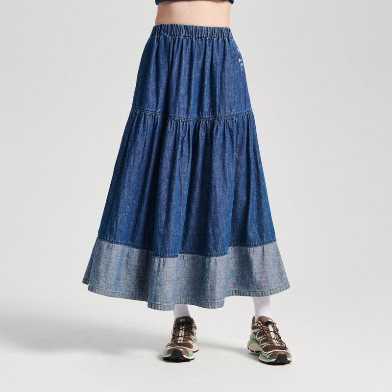 江戶勝 日系 女裝 INDIGO 三層蛋糕裙(拔洗藍) #裙子 - 裙子/長裙 - 棉．麻 藍色