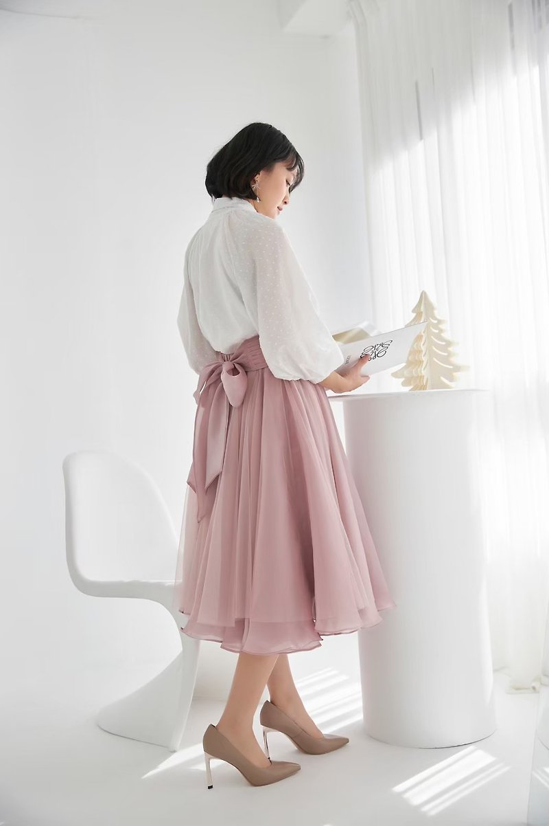 [Boli on the Terrace] Heavy Industry Waterfall Yarn Skirt-Powder X Powder Soft Mesh + Satin Veil - Skirts - Other Materials Pink