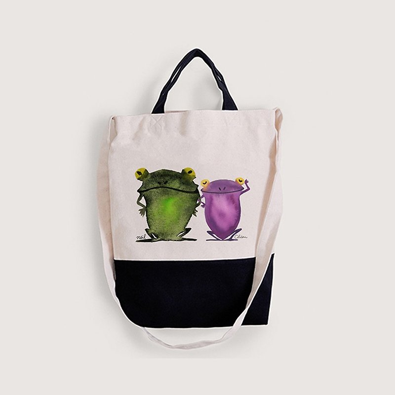 CHIEN X NEIL 寫意青蛙 | 帆布黑底兩用袋 - 側背包/斜孭袋 - 棉．麻 紫色