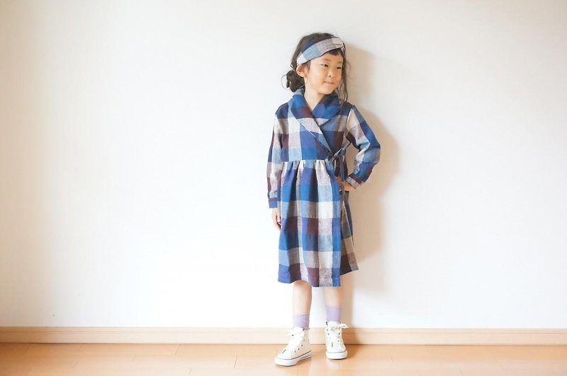 Cotton wool check Gown Coat 110,120size - Other - Cotton & Hemp Blue