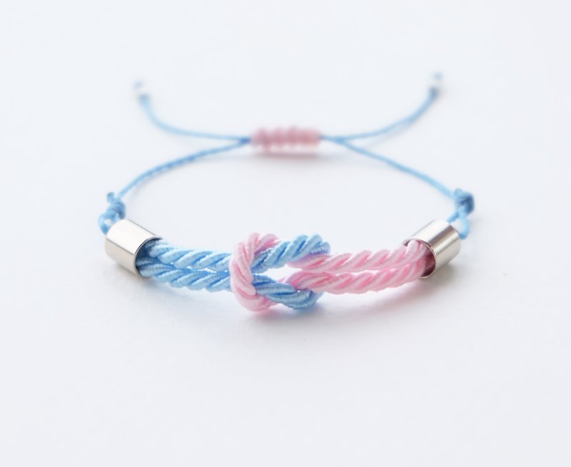 Tiny tie the knot rope bracelet in light blue / light pink - 手鍊/手環 - 聚酯纖維 藍色