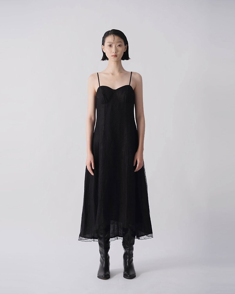 尼龍 洋裝/連身裙 黑色 - 蕾絲雙層細肩洋裝