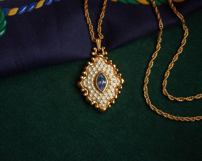 American Avon brand antique Victorian Revival style diamond imitation pearl inlaid blue Stone long necklace - สร้อยคอ - โลหะ สีน้ำเงิน