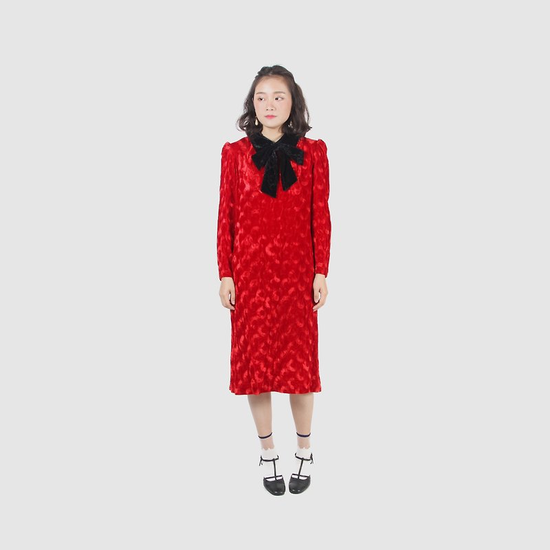 [Egg plant vintage] Roppongi midnight embossed velvet vintage dress - ชุดเดรส - ผ้าฝ้าย/ผ้าลินิน สีแดง