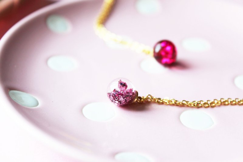 * Rosy Garden * Candy sweet pink tiny glass ball necklace - สร้อยคอทรง Collar - แก้ว สึชมพู
