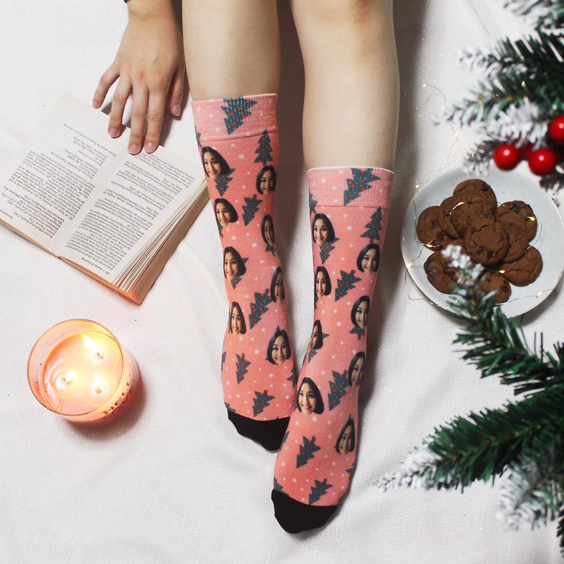 【客製化禮物】聖誕襪 禮物 粉紅頭像客製化襪 - 襪子 - 其他人造纖維 