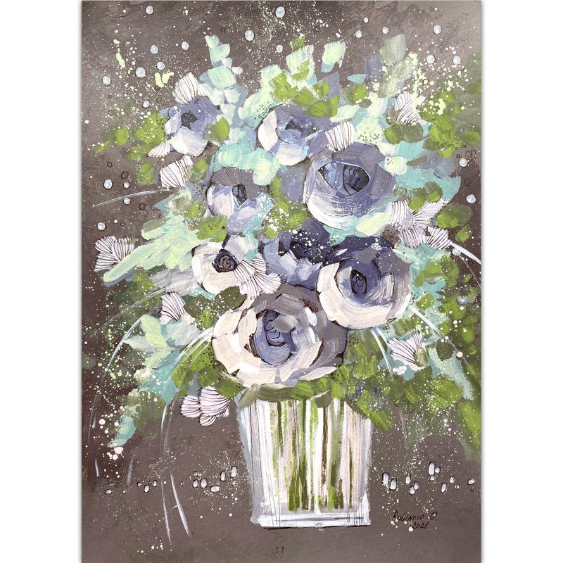 Roses painting Flowers Original art Floral wall art Beige artwork by Rubinova - 海報/掛畫/掛布 - 紙 卡其色