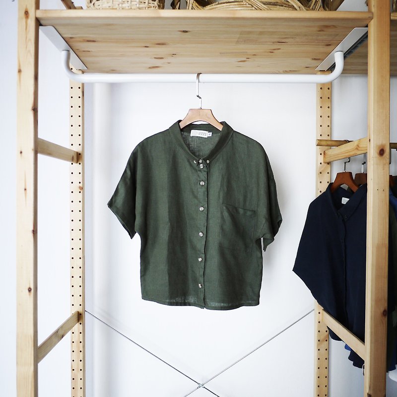 Short Sleeves Oversized Linen Shirt with Pocket - 恤衫 - 亞麻 綠色