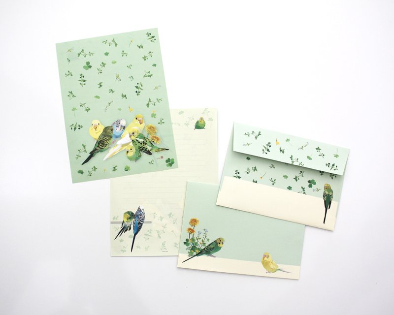 Letter set Budgerigar and chick grass - Envelopes & Letter Paper - Paper Green