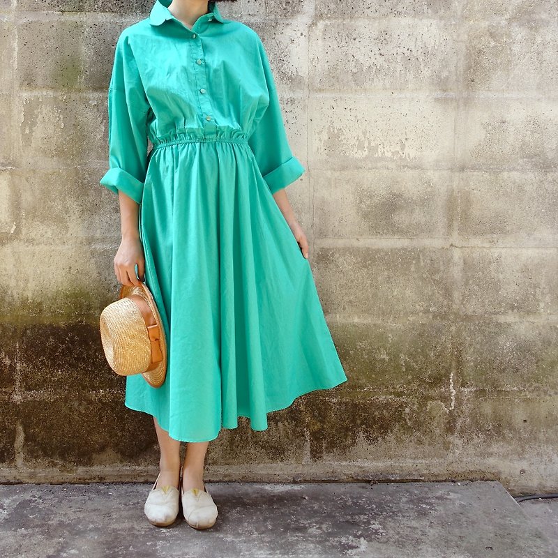 BajuTua / vintage / US 80's minimalist style plain shirt waisted dress - One Piece Dresses - Cotton & Hemp Green