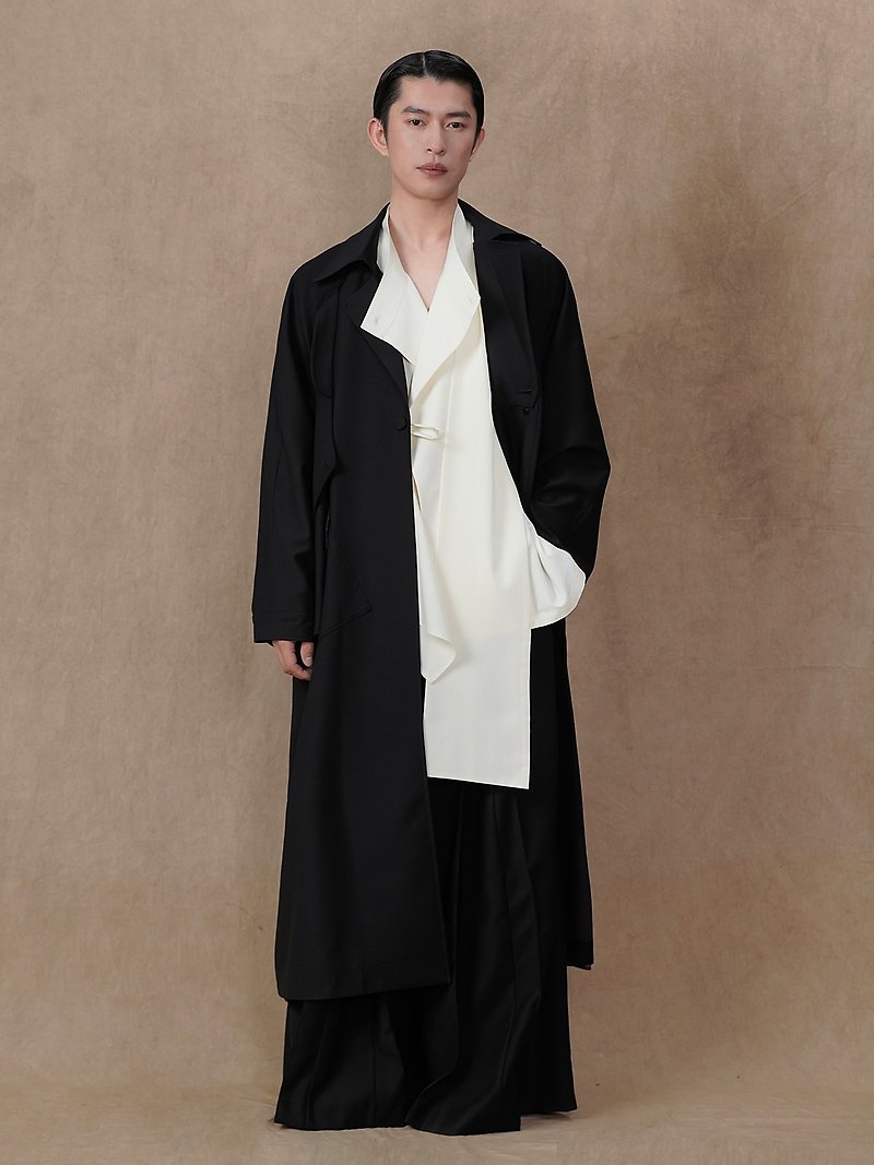 Deconstructed Dropped Sleeve Double Collar Trench Coat - Men's Blazers - Other Materials Black