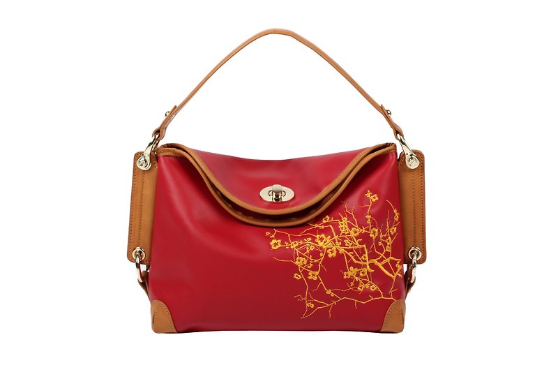 Plum pattern shoulder bag - กระเป๋าแมสเซนเจอร์ - หนังแท้ สีแดง