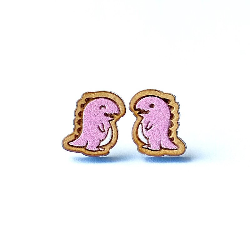 Painted  wood earrings-Tyrannosaurus rex (pink) - Earrings & Clip-ons - Wood Pink
