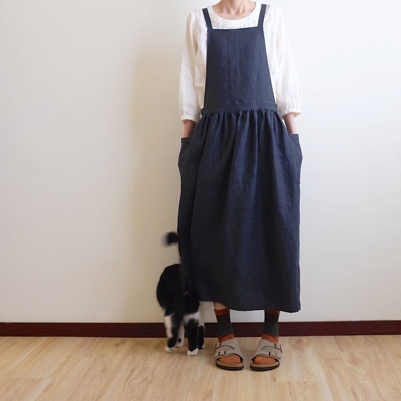 Daily hand made clothes, little girl, raspberry, color bandage, work apron, linen - One Piece Dresses - Cotton & Hemp Black