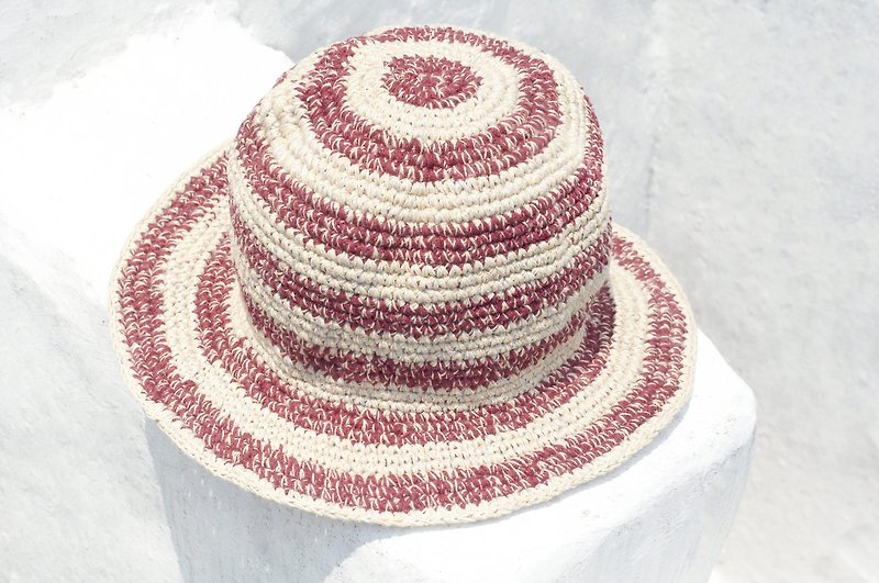 七夕禮物 限量一件 編織棉麻帽/編織帽/漁夫帽/遮陽帽/草帽 - 簡約色調 混色條紋 手織帽