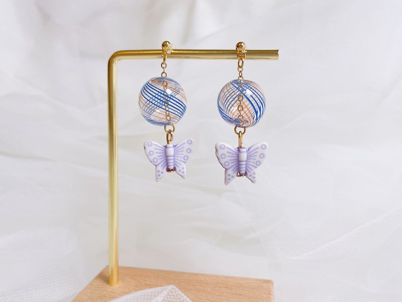 花飛蝶舞 玻璃球耳環 - 耳環/耳夾 - 玻璃 紫色