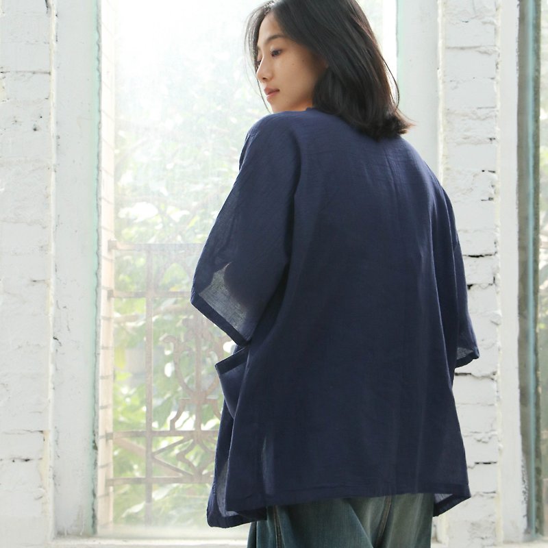 Cardigan three-quarter sleeve thin blouse dark blue - Women's Casual & Functional Jackets - Cotton & Hemp Blue