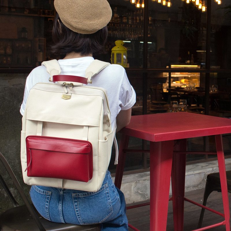 Double Plan detachable leather small bag canvas backpack / red - Backpacks - Cotton & Hemp Red