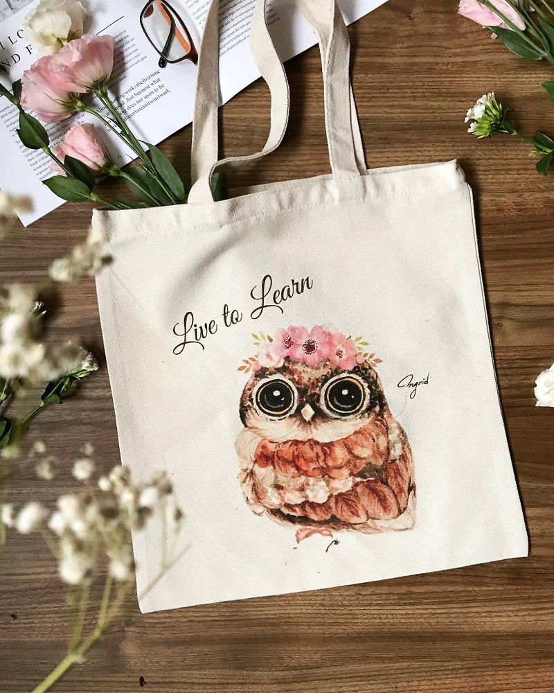 Elegant Owl - Bird Language Floral Green Canvas Bag - กระเป๋าถือ - ผ้าฝ้าย/ผ้าลินิน สีนำ้ตาล
