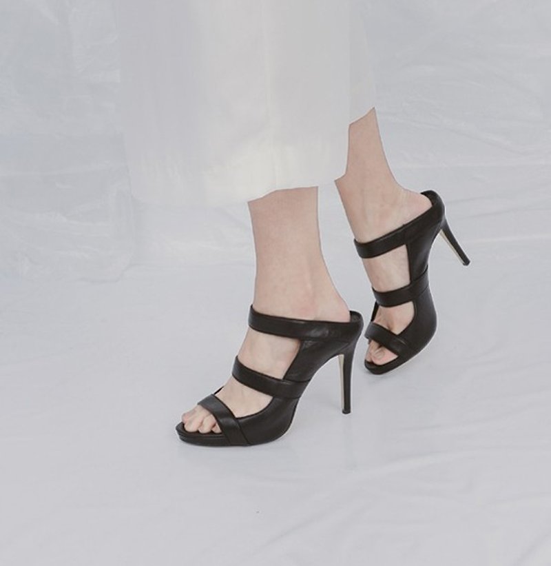 Personality horizontal baskets empty open toe fine high heel leather sandals black - Sandals - Genuine Leather Black