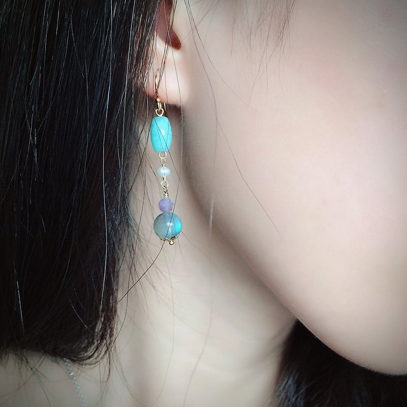 14kgf-Amazonite& Labradorite pearls earrings - ต่างหู - เครื่องเพชรพลอย หลากหลายสี