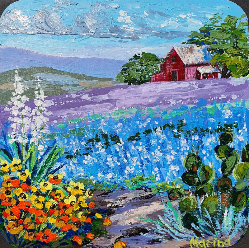 Bluebonnet Painting Burnet Original Highland Lakes Bluebonnet Trail Marble Falls - โปสเตอร์ - วัสดุอื่นๆ สีน้ำเงิน