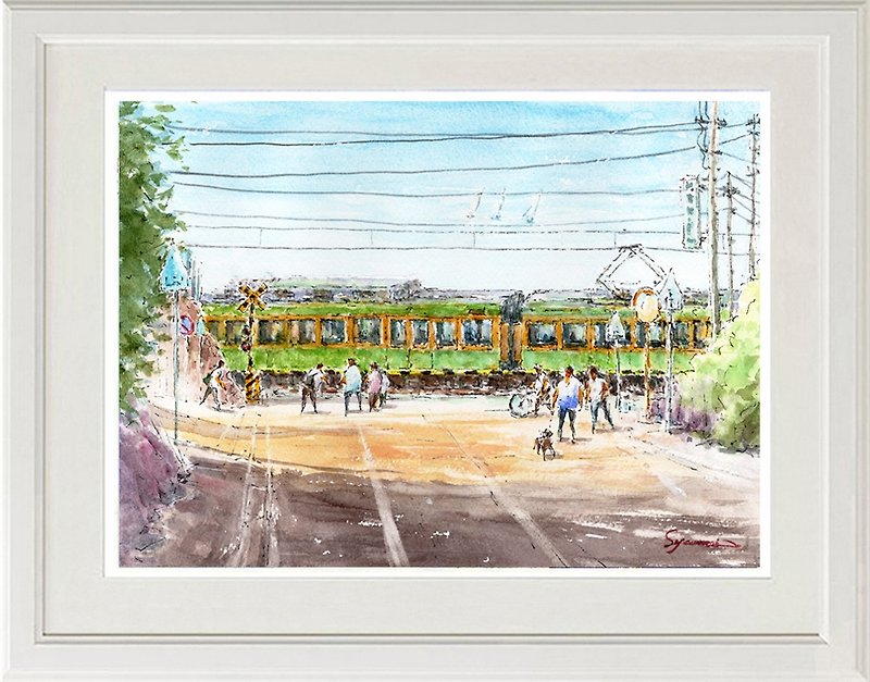 Watercolor original painting Shonan landscape, Enoshima Electric Railway Kamakura High School crossing - โปสเตอร์ - กระดาษ สีน้ำเงิน