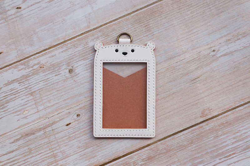 Polar Bear Leather ID Holder/Identification Card Holder with Lanyard Retractable Customized Gift - ที่ใส่บัตรคล้องคอ - หนังแท้ ขาว