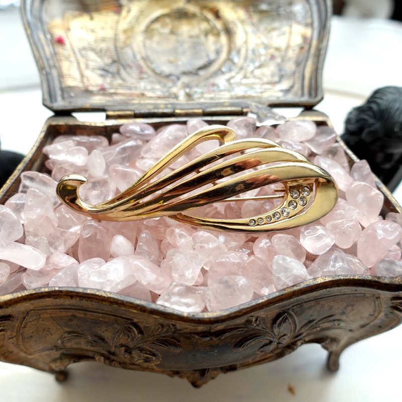 日本中古金黃色音符羽翼心口針襟針別針襟針 古著珠寶首飾品 - 胸針 - 其他金屬 金色