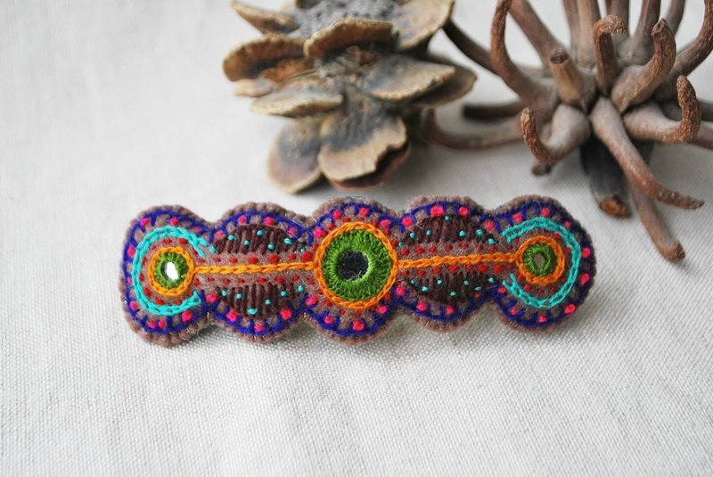 Mirror embroidered colorful barrette in blue - เครื่องประดับผม - งานปัก หลากหลายสี