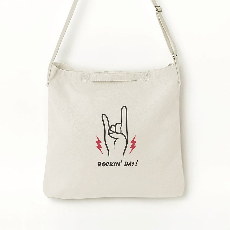 Rockin day! Canvas bag - กระเป๋าแมสเซนเจอร์ - ผ้าฝ้าย/ผ้าลินิน ขาว