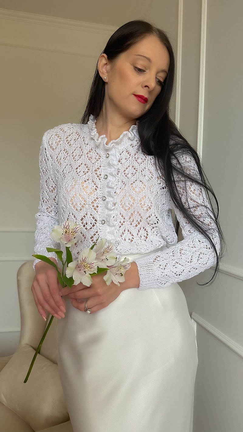 Knit blouse White cardigan Handmade top for women - Women's Sweaters - Cotton & Hemp 
