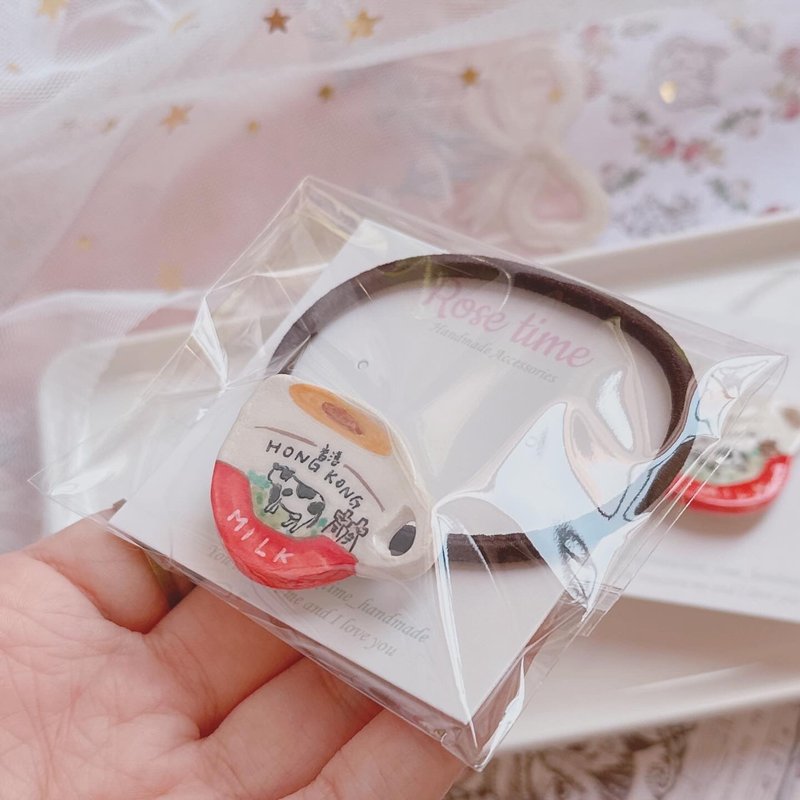 Hand-painted Hong Kong style milk tea hair tie/brooch - Brooches - Clay White