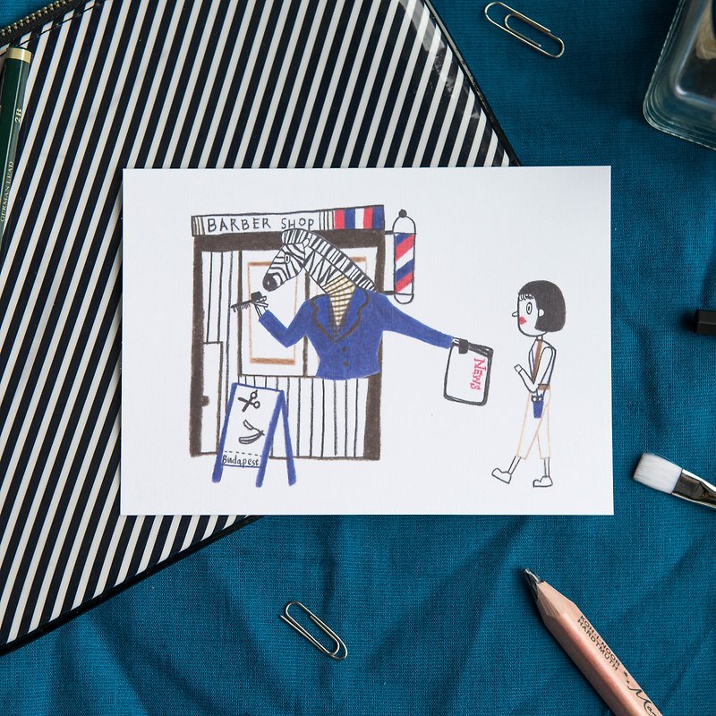 「ゼブラ理髪店」イラストストーリーポストカード - カード・はがき - 紙 ブルー