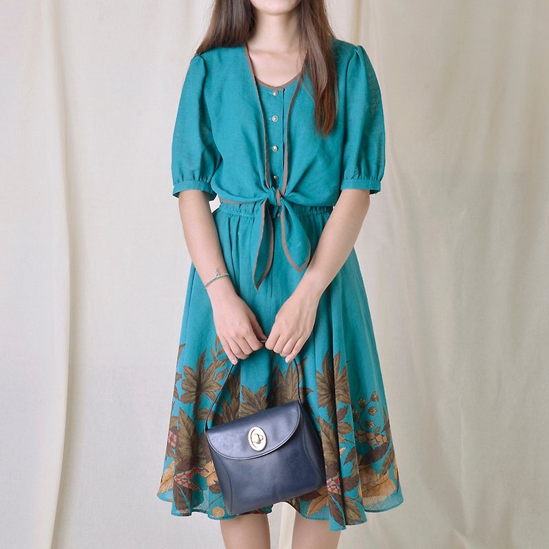 Vintage 日本古著洋裝 - 連身裙 - 聚酯纖維 綠色