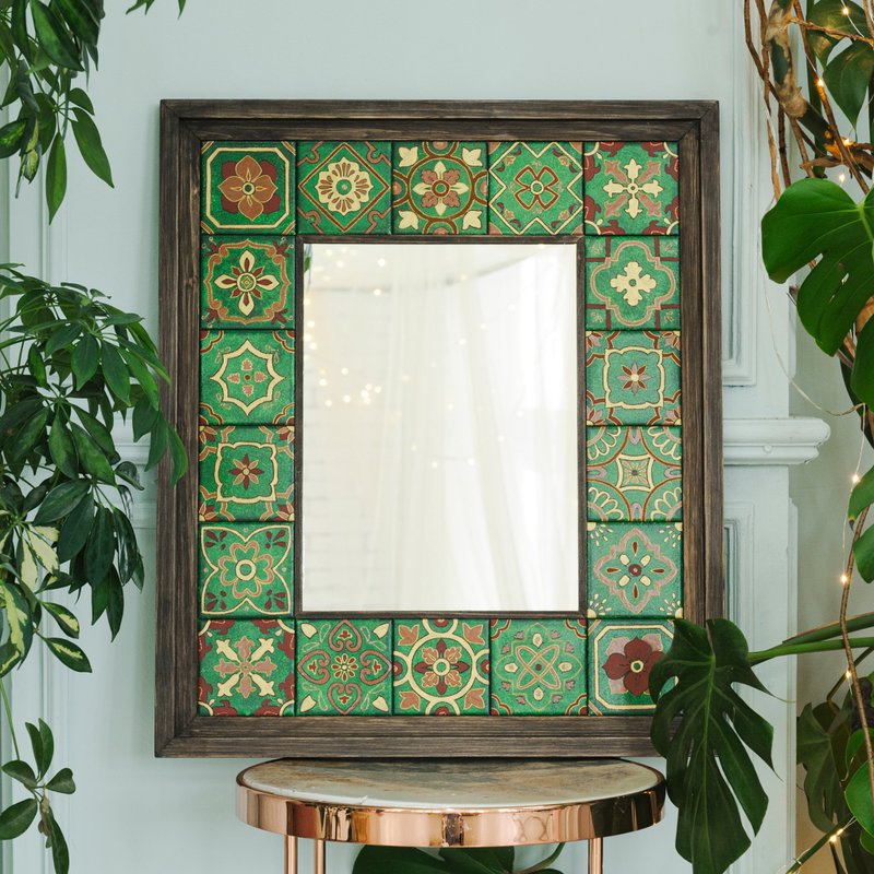 Green mexican tile mirror. Handpainted wood tiles and wood frame - 壁貼/牆壁裝飾 - 木頭 綠色