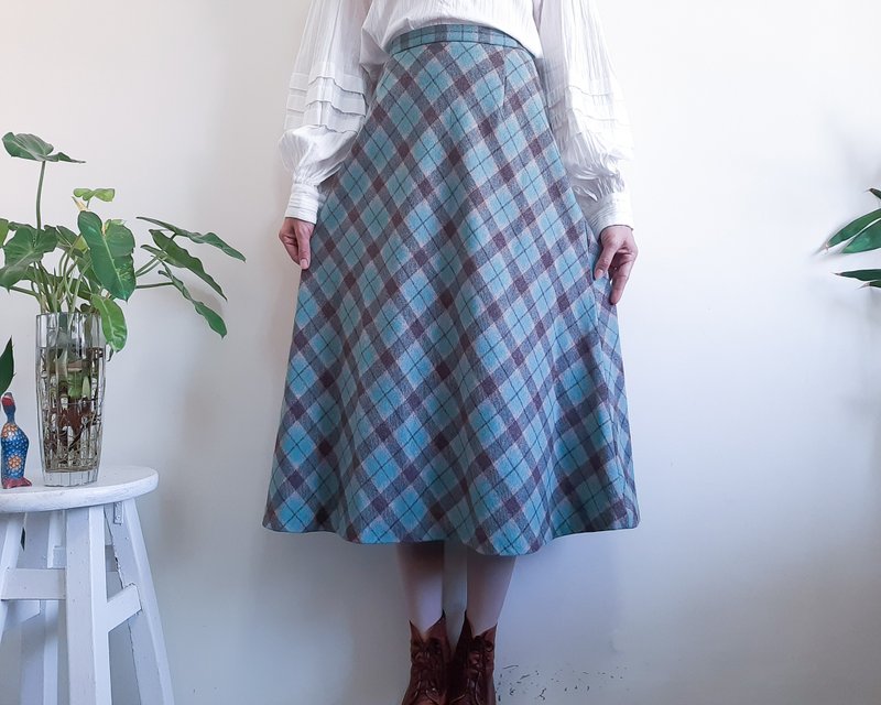 復古藍棕色格子羊毛中裙 20 世紀 70 年代格子羊毛裙 M 碼 腰圍 2 - 裙子/長裙 - 羊毛 藍色