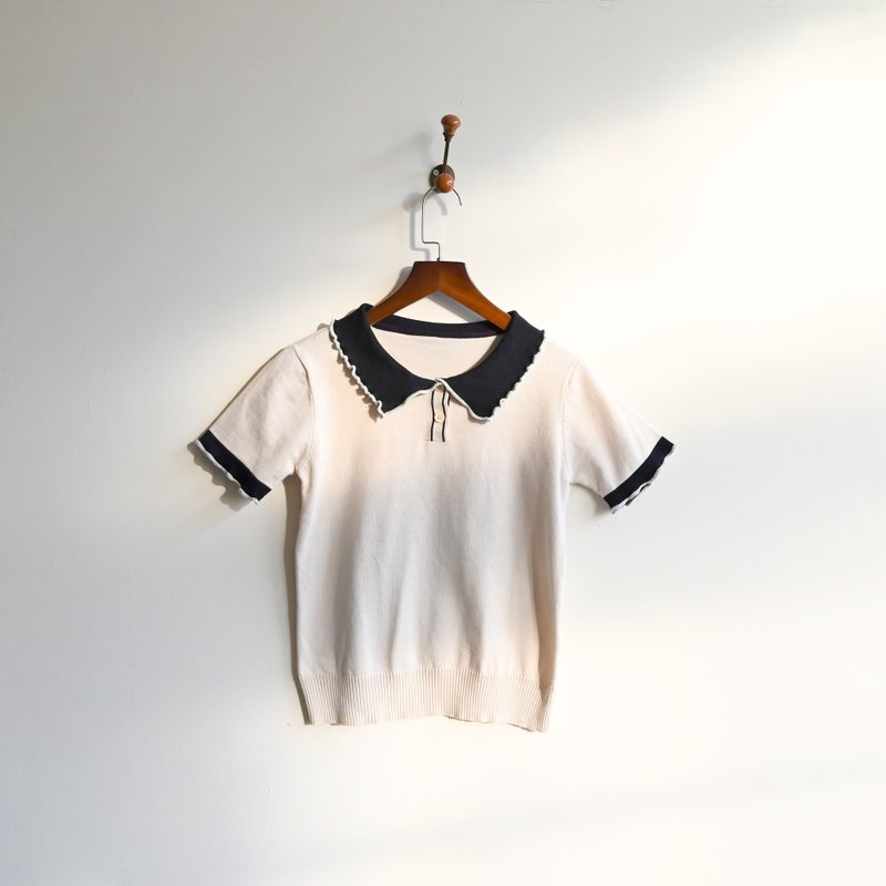 [Egg Plant Vintage] Seagull piping remade knitted vintage top - เสื้อยืดผู้หญิง - ไฟเบอร์อื่นๆ 