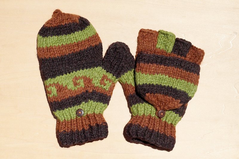 Christmas gifts creative gift limit a hand-woven pure wool knitted gloves / detachable gloves / bristles gloves / warm gloves (made in nepal) - Matcha caramel coffee national totem - Gloves & Mittens - Wool Multicolor