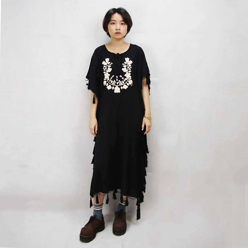 Tsubasa.Y Ancient House 006 Black Flowers and Clouds Embroidered Dress, Embroidered Dress Cotton - One Piece Dresses - Cotton & Hemp 