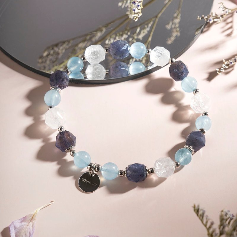 Aquamarine White Ghost Cordierite 925 Silver Crystal Bracelet - Bracelets - Crystal Blue