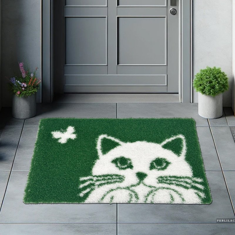 Cat Welcome Entrance Door Mat Anti Skid Coil Door Mats for Home Entryway Mat - พรมปูพื้น - เส้นใยสังเคราะห์ สีเขียว