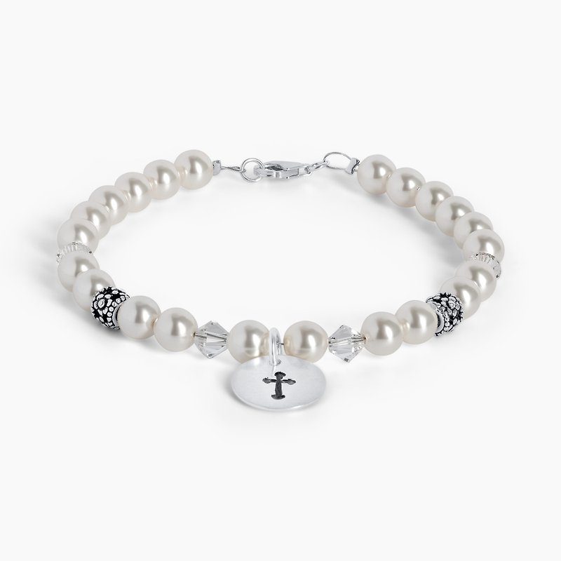 Bracelet,925Sterling Silver,Cross,Swarovski Crystal,8mm White Crystal Pearl - Bracelets - Other Materials Multicolor