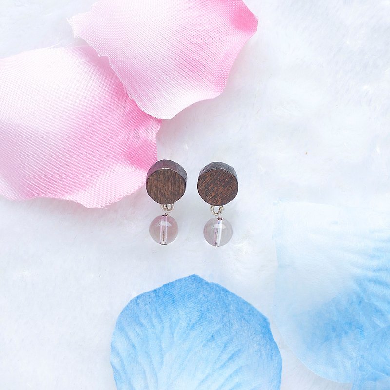 Round wood Crystal  earrings - Earrings & Clip-ons - Wood Pink