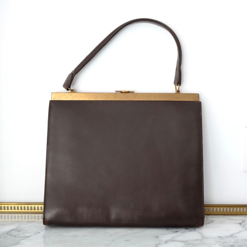 French Vintage Dark Brown Genuine Leather Handbag - กระเป๋าถือ - หนังแท้ สีดำ