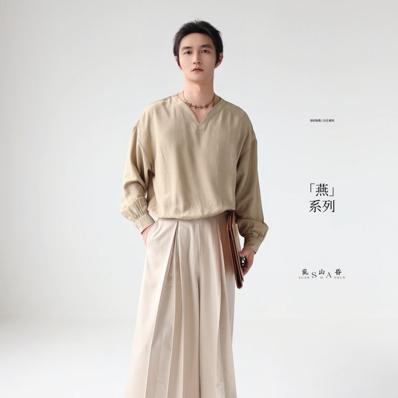 亂山昏燕新中式國風原創淺卡其輕薄通勤套頭長袖襯衫男百搭 - 男襯衫/休閒襯衫 - 其他材質 