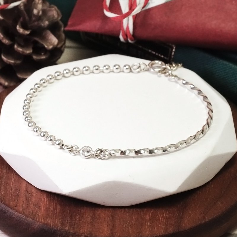 Sterling Silver Shining Only Half and Half Bracelet Small Diamond Silver Square Twist Design 925 Sterling Silver Bracelet - Bracelets - Sterling Silver Silver