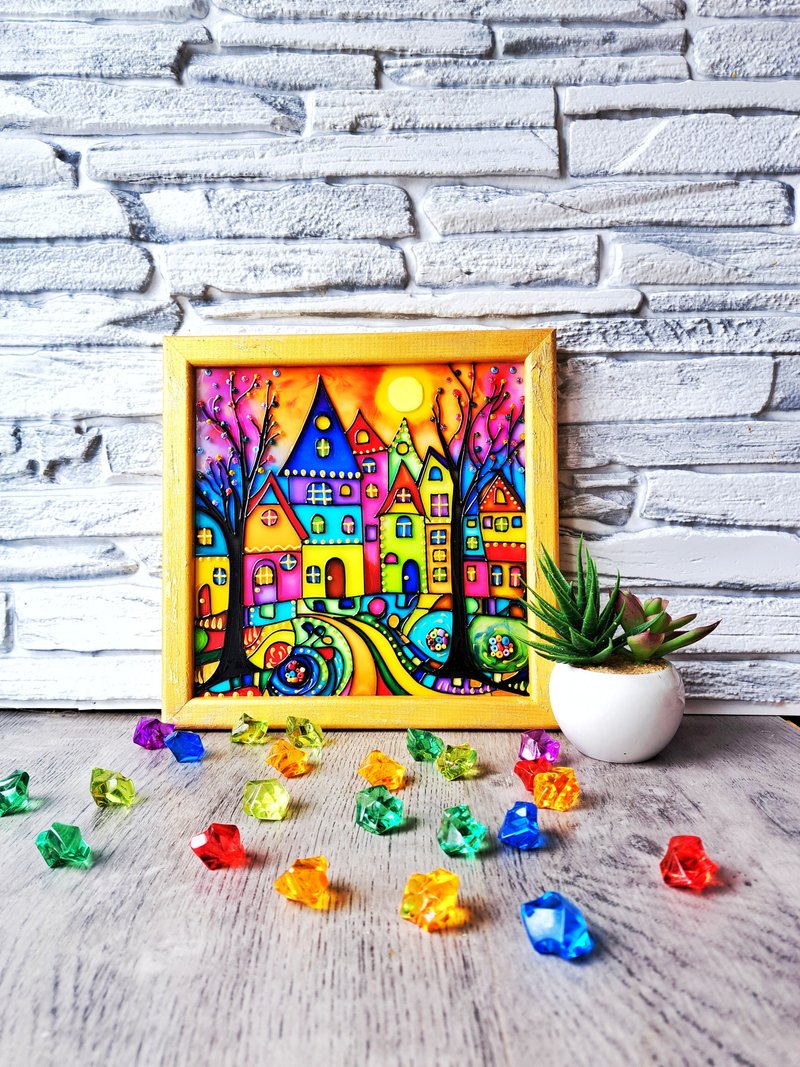 彩色玻璃画彩色房子儿童房现代装饰墙挂 - 壁貼/牆壁裝飾 - 玻璃 多色