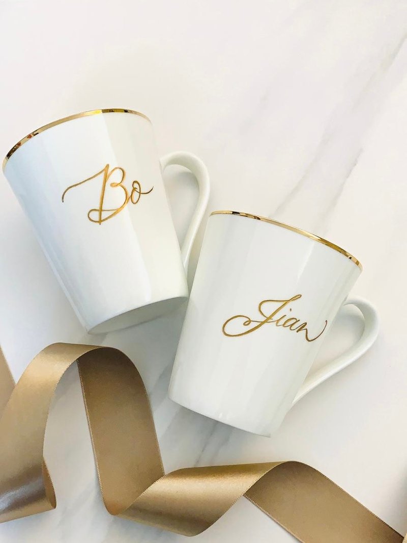 [Customized] Free engraved white porcelain tea cup with gold rim - Teapots & Teacups - Porcelain White