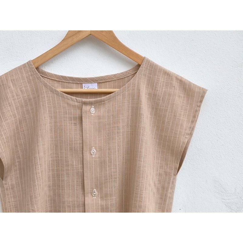 Cotton | Drop Shoulder T-shirt, Round Neck, Light Brown with White Stripes - 女上衣/長袖上衣 - 棉．麻 卡其色